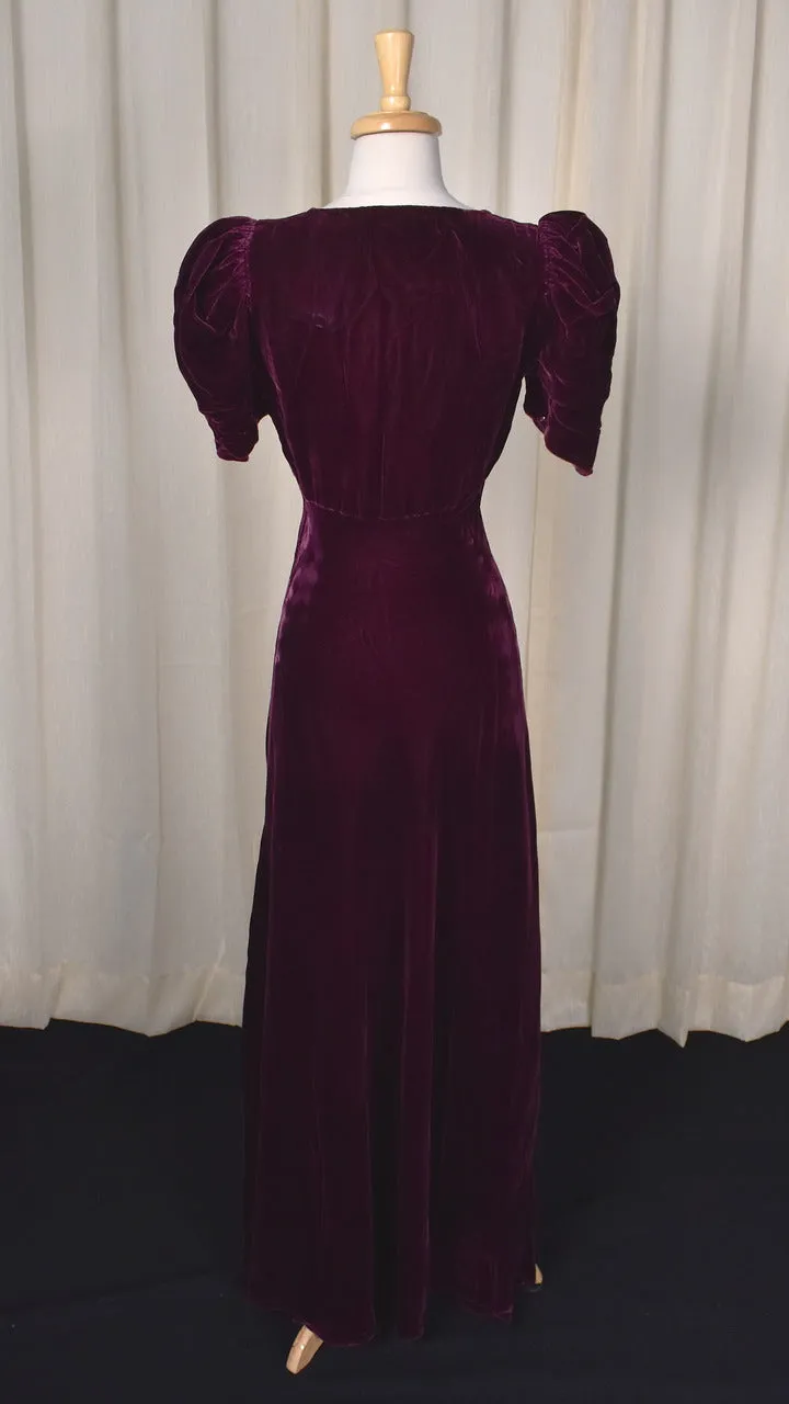 1930s Plum Silk Velvet Maxi Dress