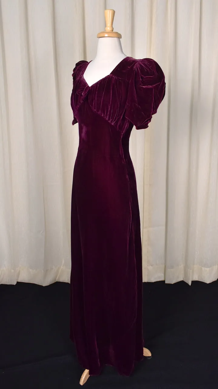 1930s Plum Silk Velvet Maxi Dress