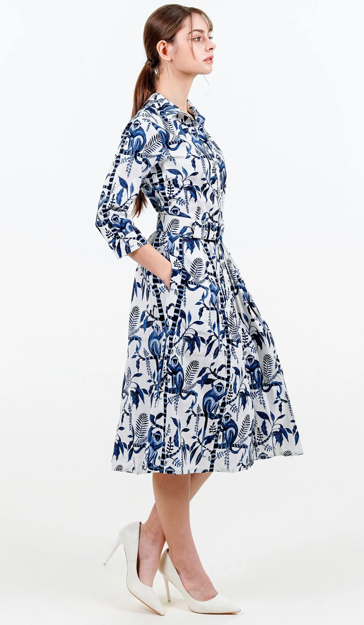 Audrey Dress #1 Shirt Collar 3/4 Sleeve Long Length Cotton Stretch (Botanical Monkey)