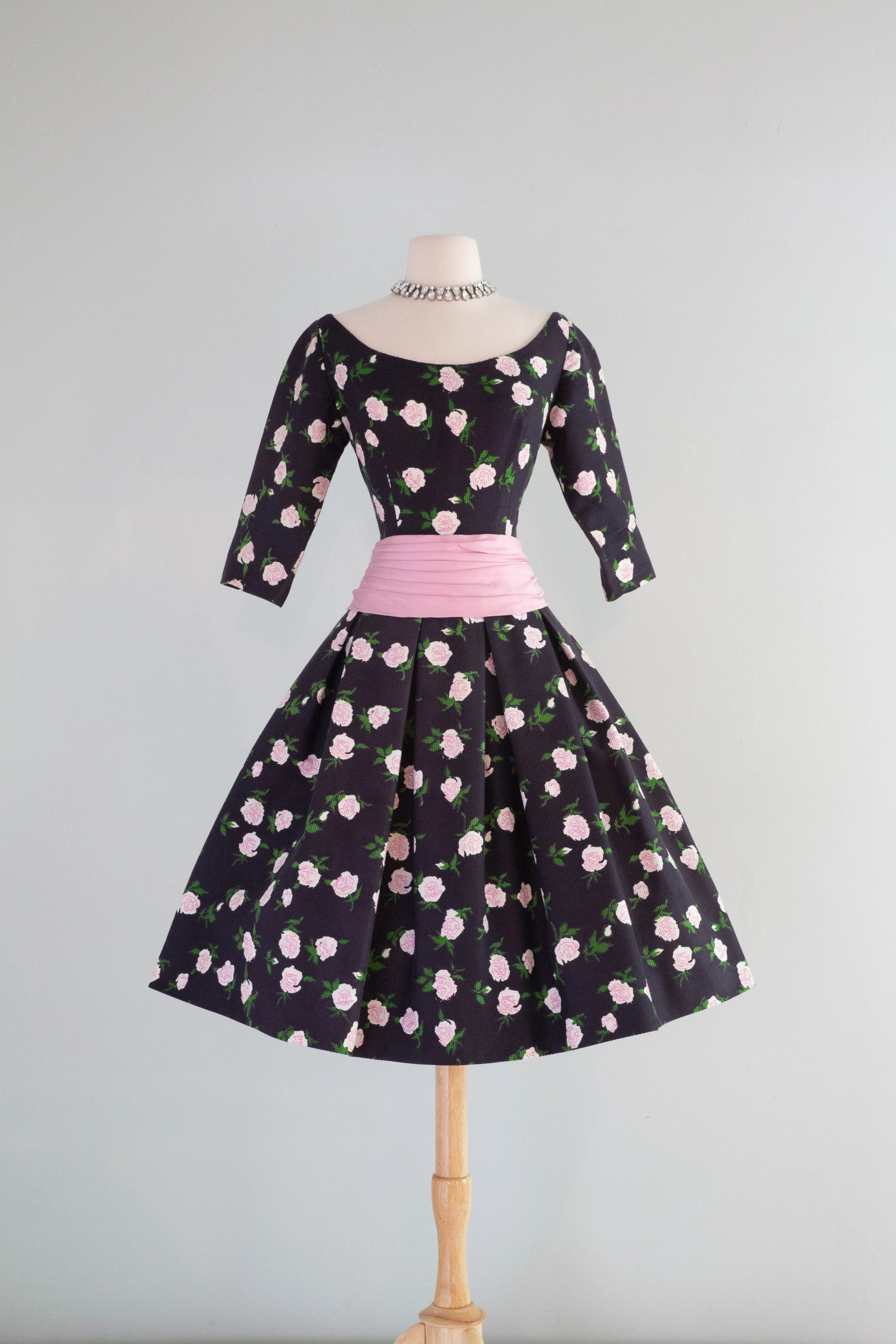 Classic 1950's French Couture Rose Print Party Dress Jean Dando Paris / Small