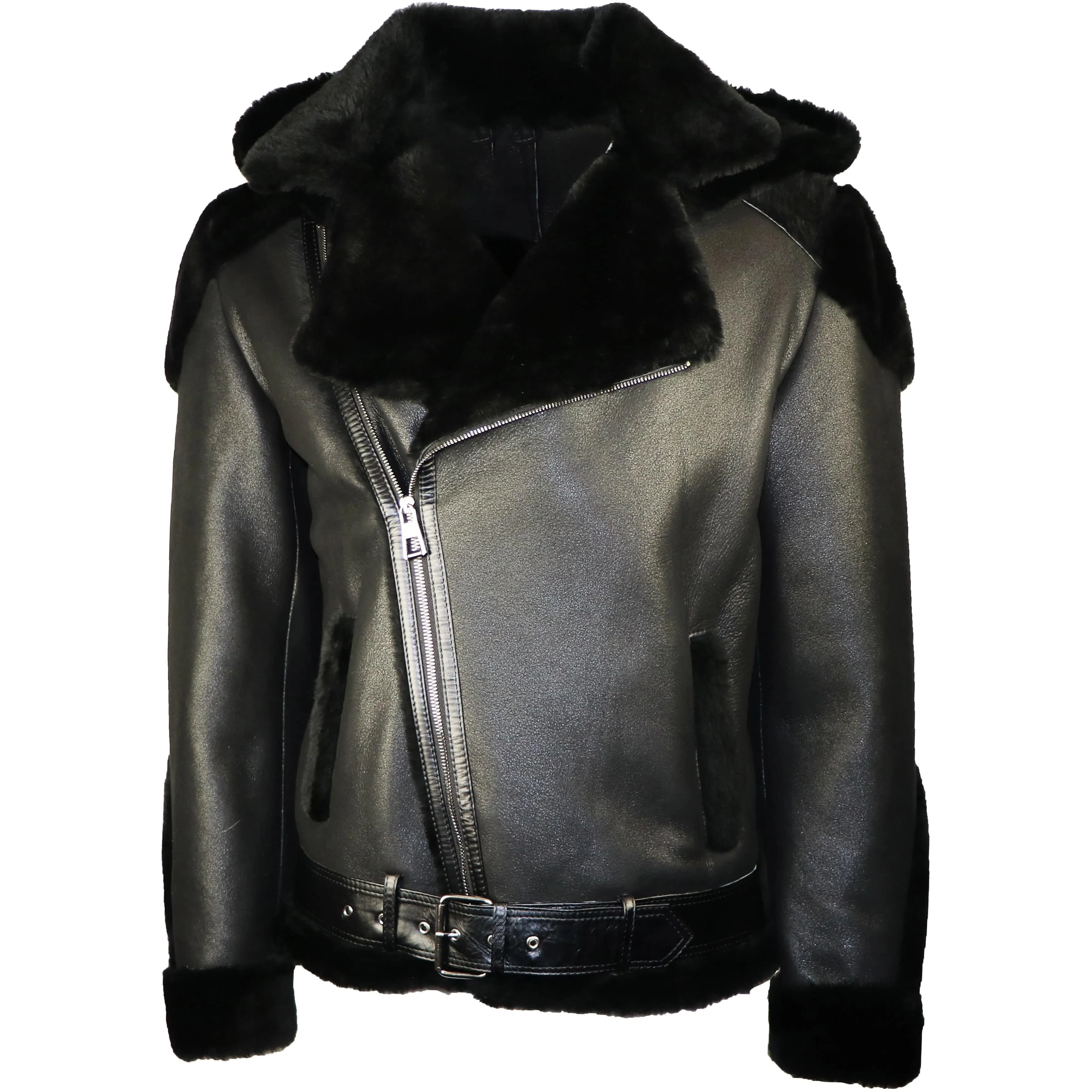 DODICI Men's Sheepskin Shearling Moto Jacket with Hood