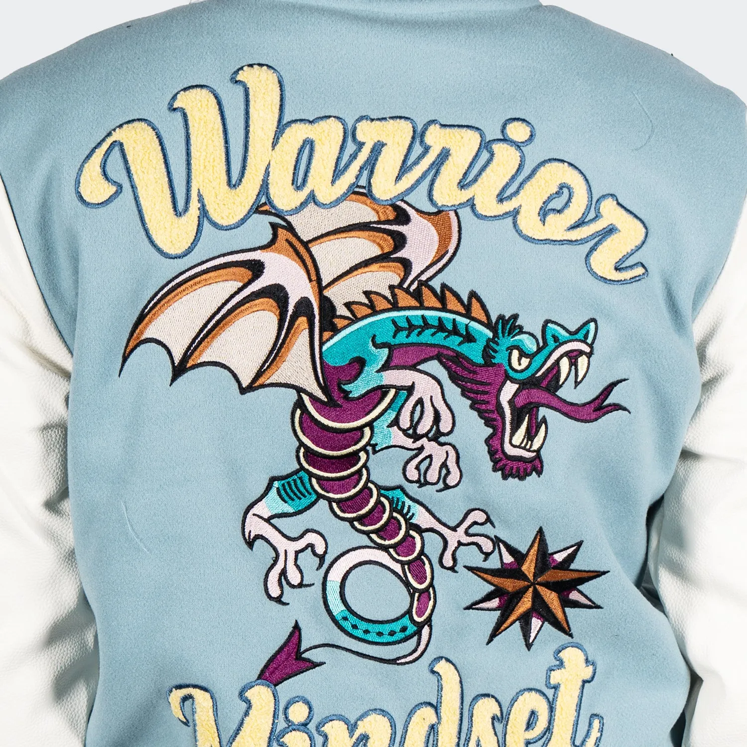 Men's TWO MILL TWENTY Dragon Warrior Skull Varsity Jacket Light Blue