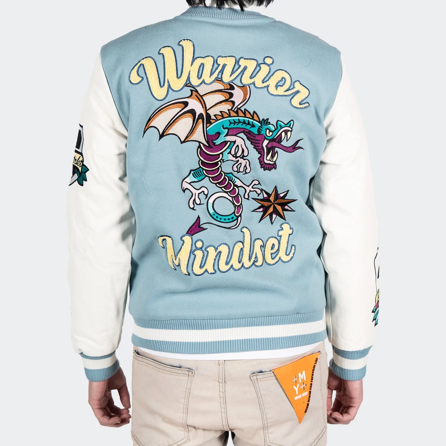 Men's TWO MILL TWENTY Dragon Warrior Skull Varsity Jacket Light Blue