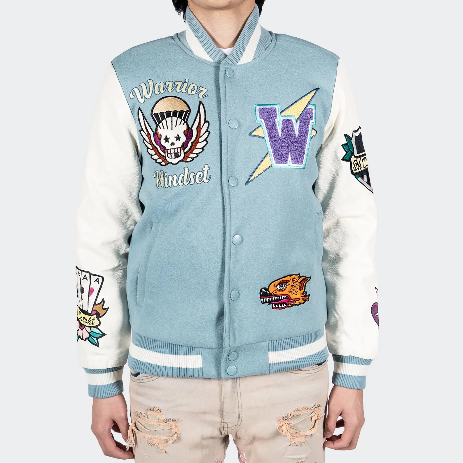 Men's TWO MILL TWENTY Dragon Warrior Skull Varsity Jacket Light Blue