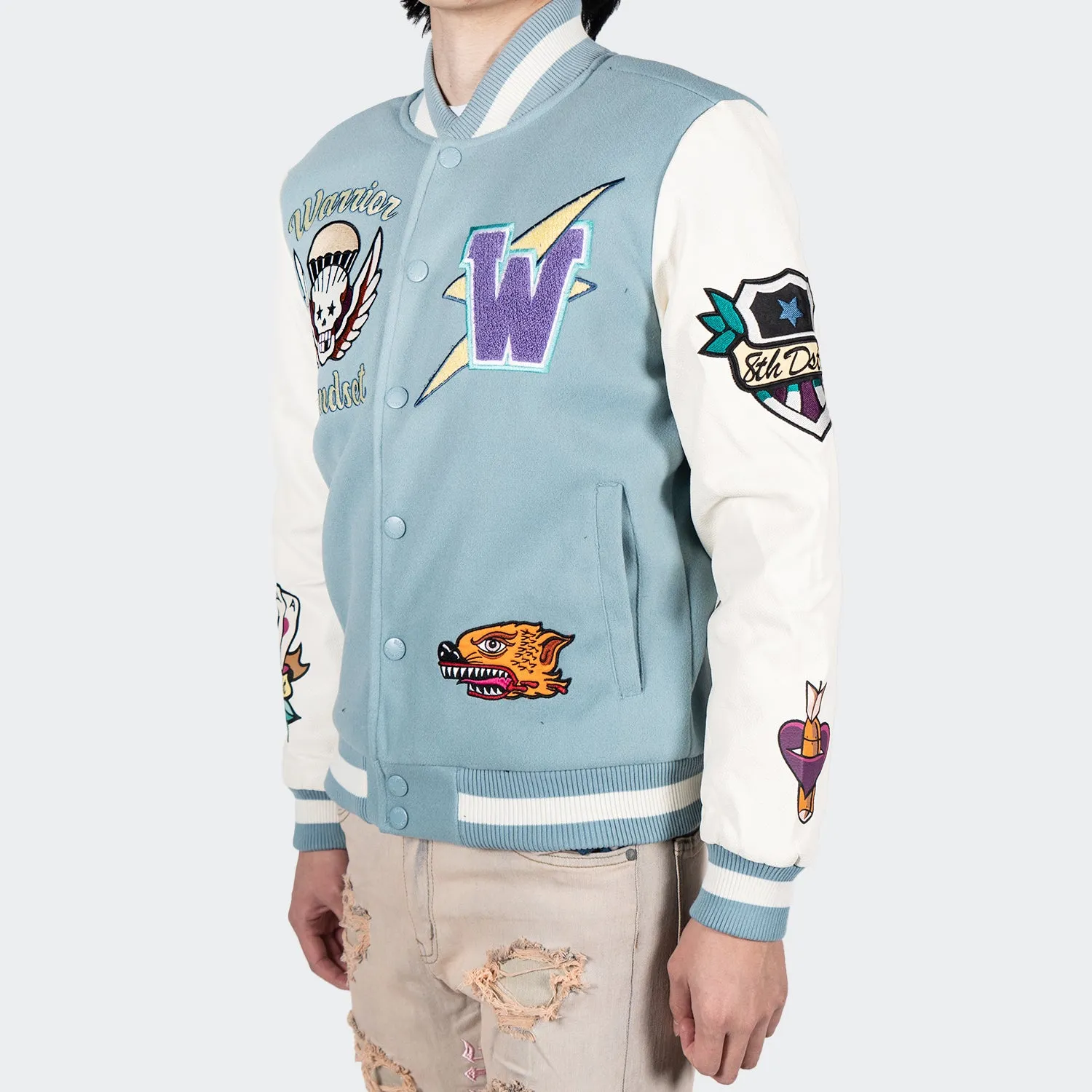 Men's TWO MILL TWENTY Dragon Warrior Skull Varsity Jacket Light Blue