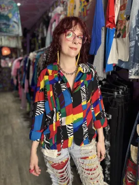 Vintage 90s Colorful Mix Print Zip Cropped Jacket