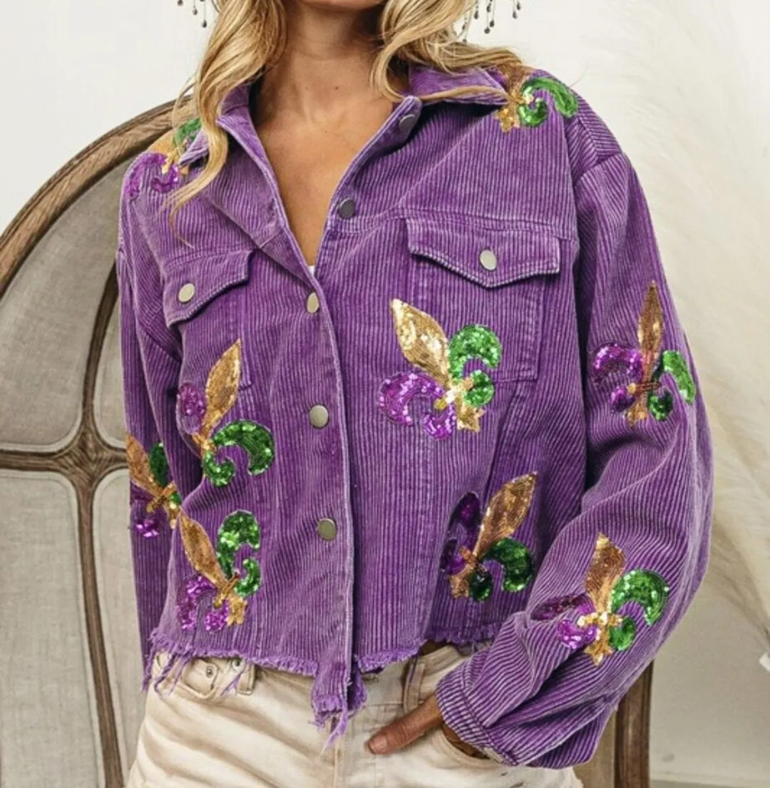 Washed purple corduroy Mardi Gras oversized jacket with sequin patches