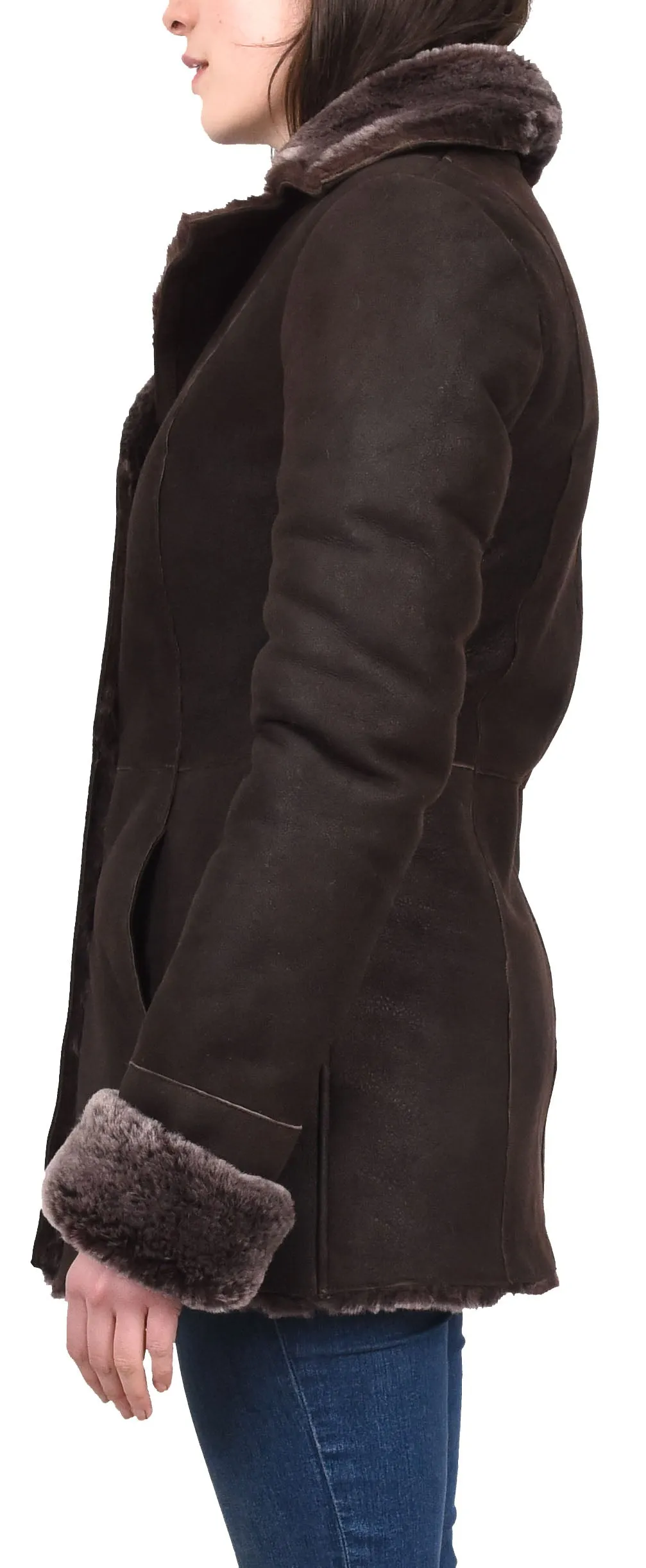 Women's Real Sheepskin 3/4 Length Coat Brown Brisa Jacket Kaia