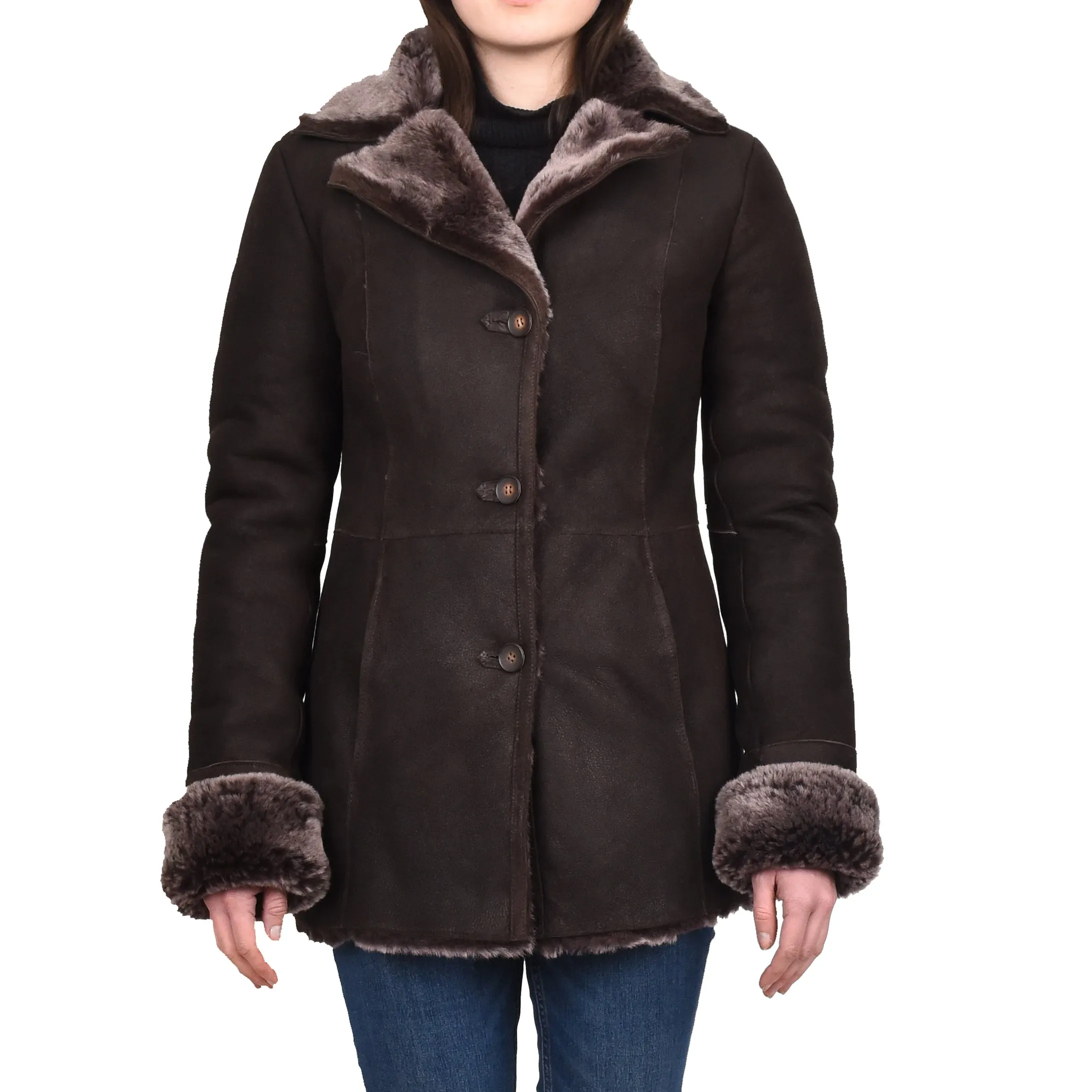 Women's Real Sheepskin 3/4 Length Coat Brown Brisa Jacket Kaia