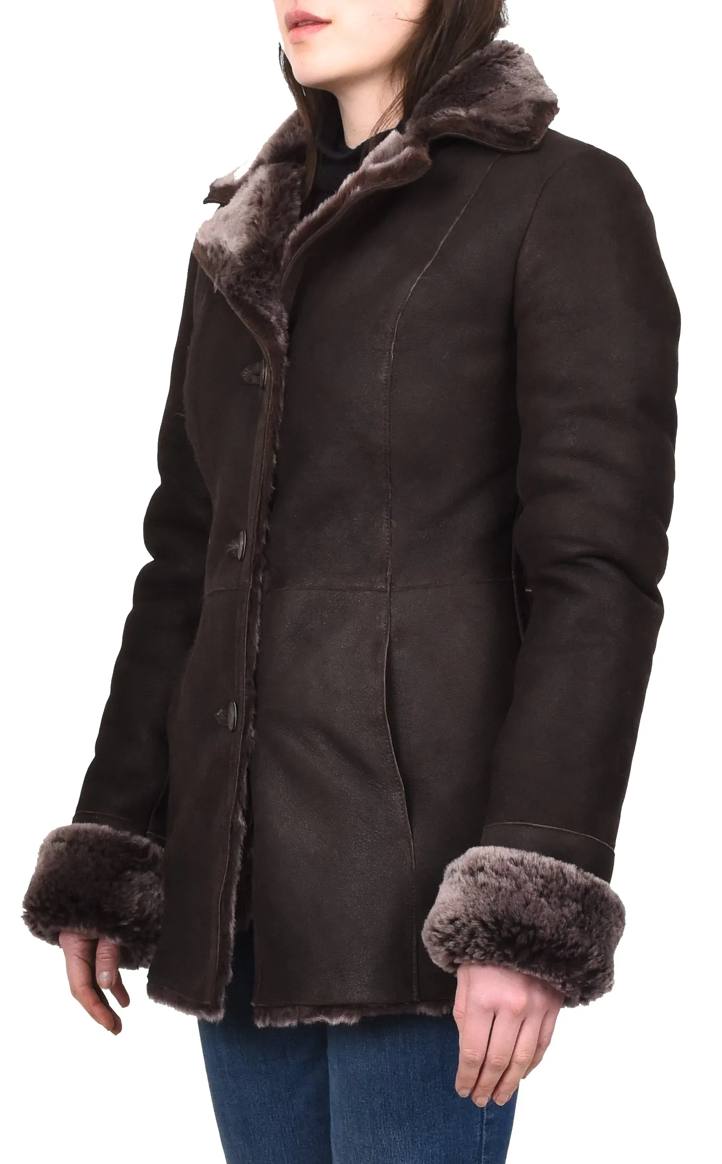 Women's Real Sheepskin 3/4 Length Coat Brown Brisa Jacket Kaia