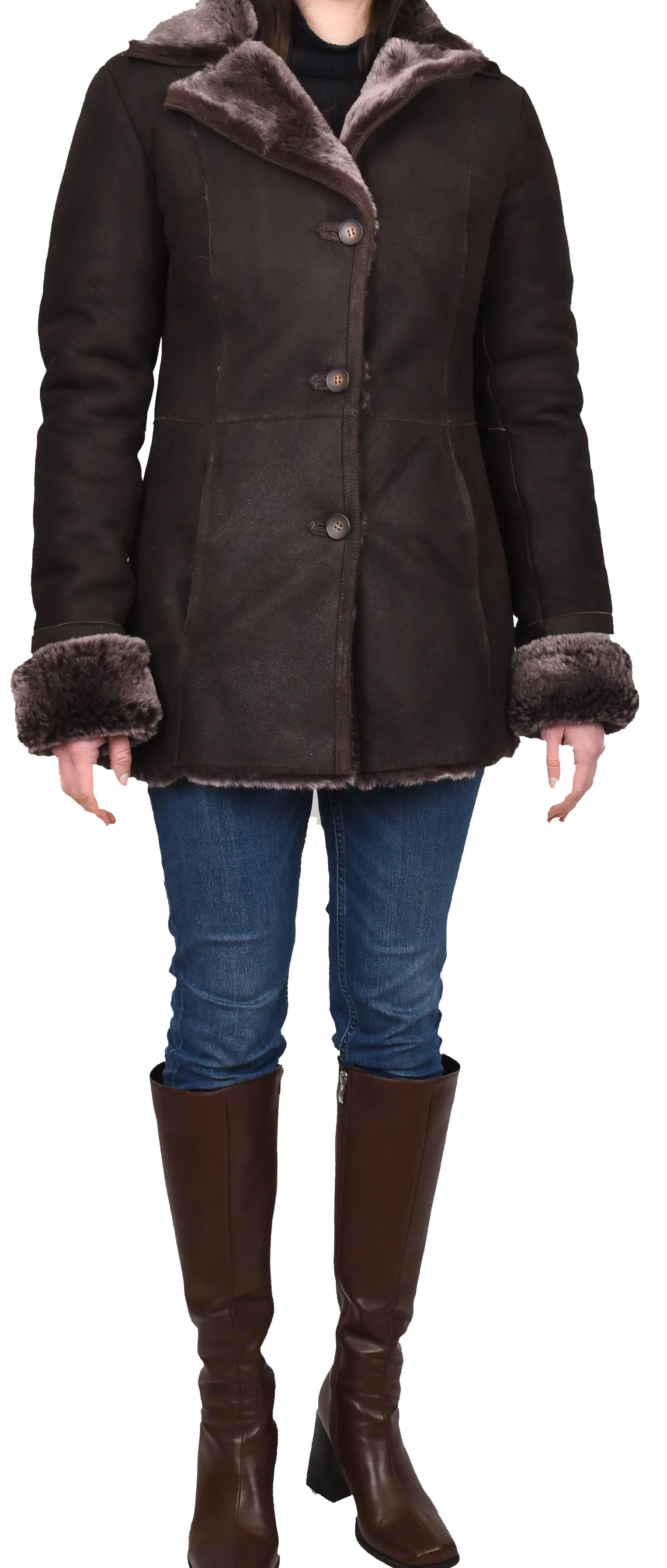 Women's Real Sheepskin 3/4 Length Coat Brown Brisa Jacket Kaia
