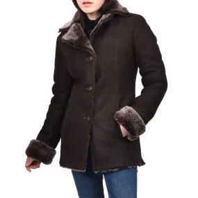 Women's Real Sheepskin 3/4 Length Coat Brown Brisa Jacket Kaia