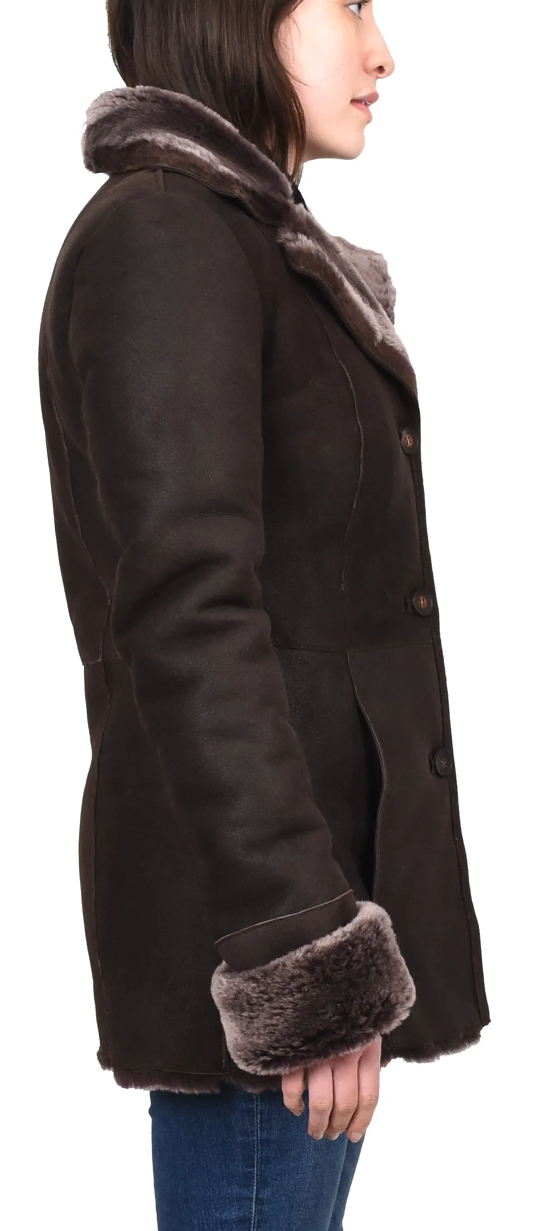 Women's Real Sheepskin 3/4 Length Coat Brown Brisa Jacket Kaia