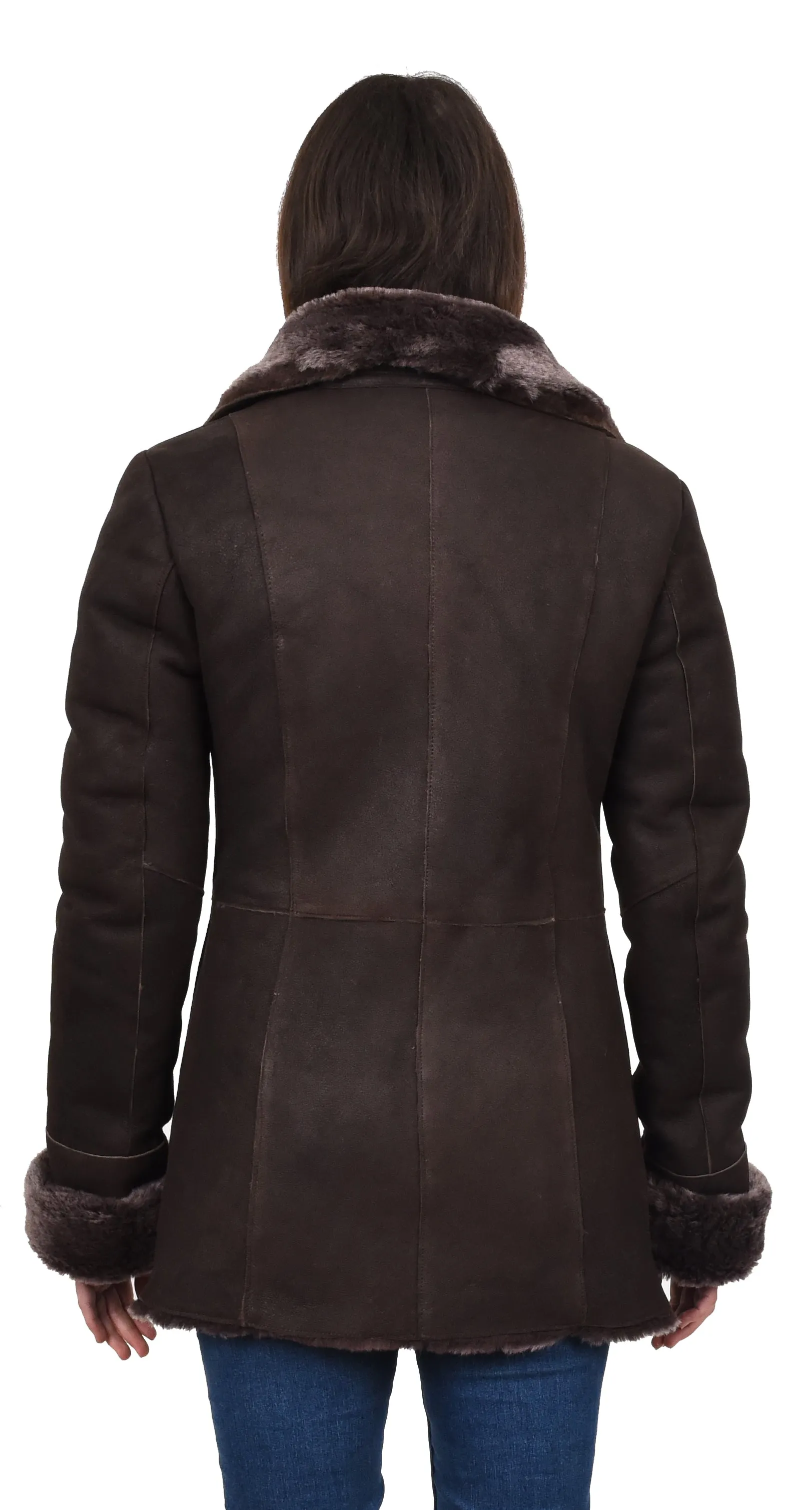 Women's Real Sheepskin 3/4 Length Coat Brown Brisa Jacket Kaia